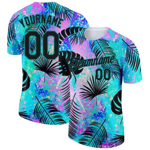 3DPattern3009 Custom Teal Black 3D Pattern Design Hawaii Palm Leaves Performance T-Shirt
