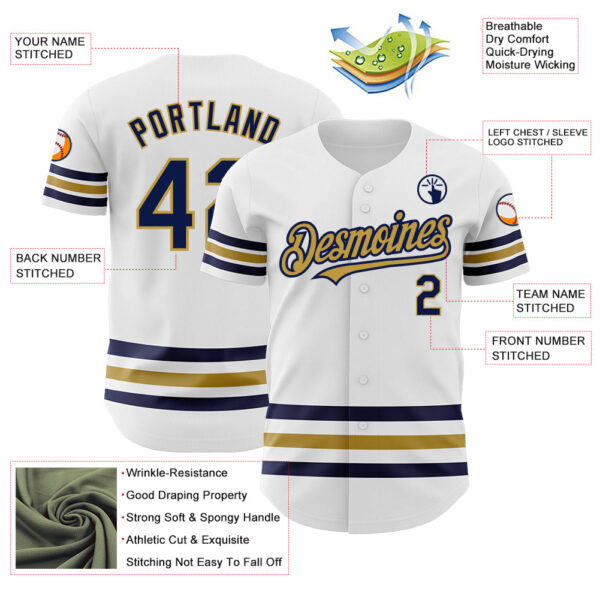Custom White Navy-Old Gold Line Authentic Baseball Jersey