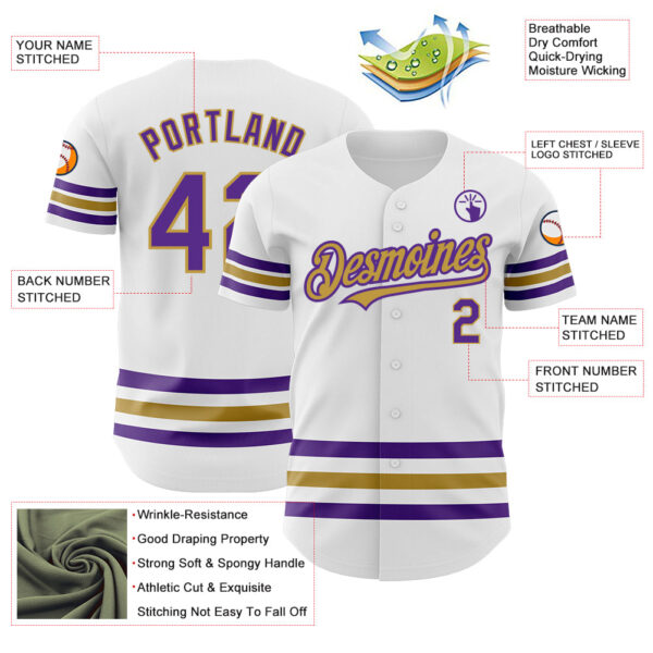 Custom White Purple-Old Gold Line Authentic Baseball Jersey