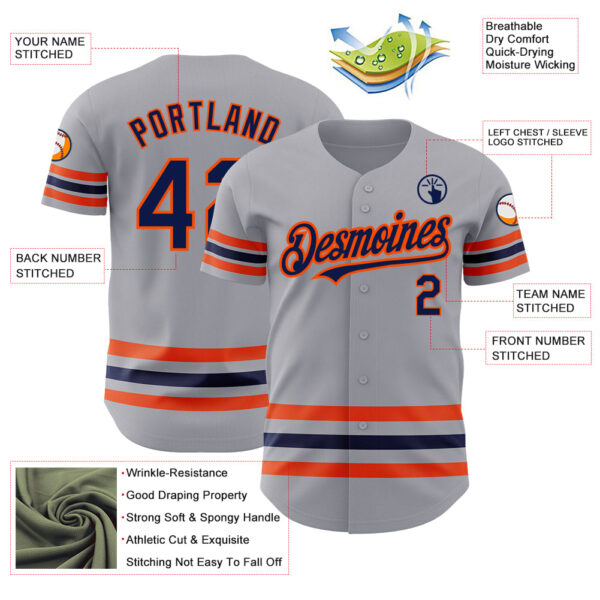 Custom Gray Navy-Orange Line Authentic Baseball Jersey