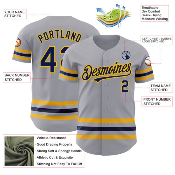 Custom Gray Navy-Gold Line Authentic Baseball Jersey