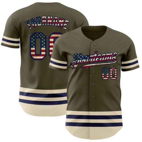 3DPattern3445 Custom Olive Vintage USA Flag Navy-Cream Line Authentic Salute To Service Baseball Jersey
