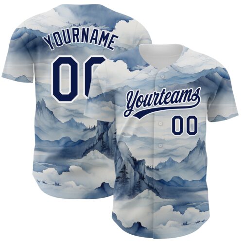 3DPattern3544 Custom White Navy 3D Pattern Design Mountains Landscape Authentic Baseball Jersey