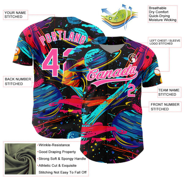Custom Black Pink-White 3D Pattern Design Space With Planets And Rockets Authentic Baseball Jersey