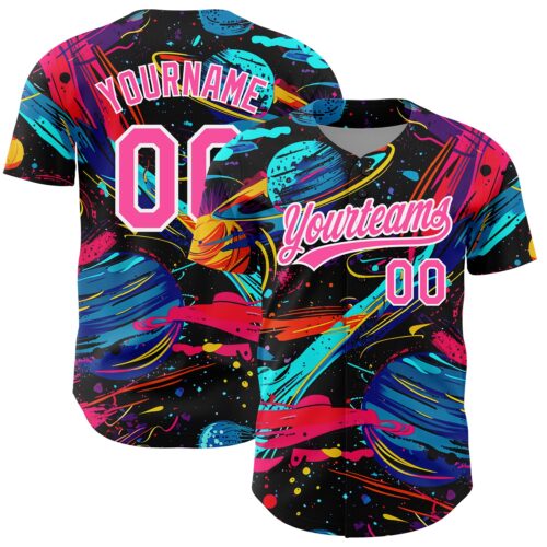 3DPattern3565 Custom Black Pink-White 3D Pattern Design Space With Planets And Rockets Authentic Baseball Jersey