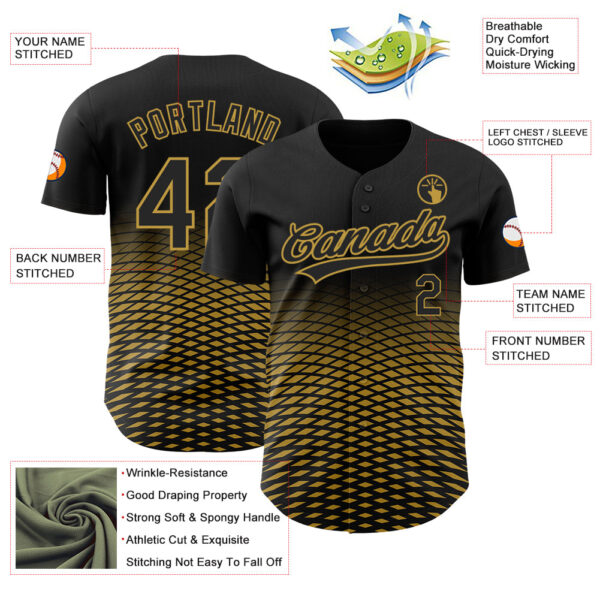 Custom Black Old Gold 3D Pattern Design Gradient Lines Authentic Baseball Jersey