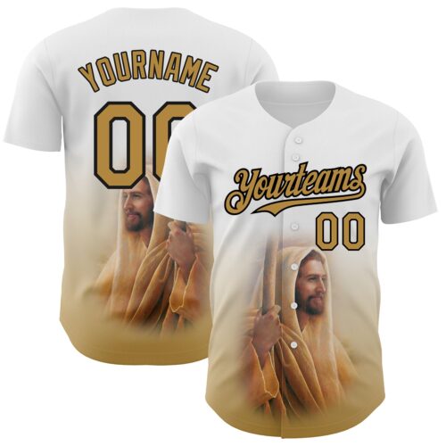 3DPattern3687 Custom White Old Gold-Black 3D Pattern Design Religion Jesus Christ Authentic Baseball Jersey