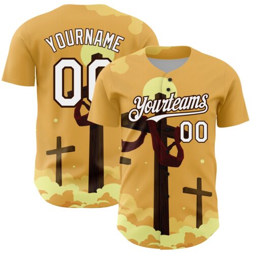 3DPattern3697 Custom Yellow White-Brown 3D Pattern Design Religion Cross Jesus Christ Good Friday Authentic Baseball Jersey