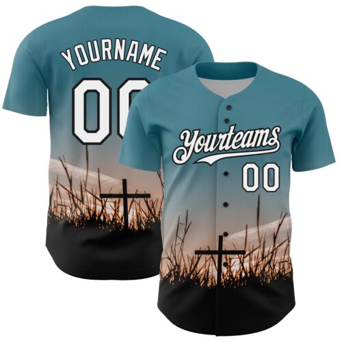 3DPattern3700 Custom Teal White-Black 3D Pattern Design Religion Cross Jesus Christ Good Friday Authentic Baseball Jersey
