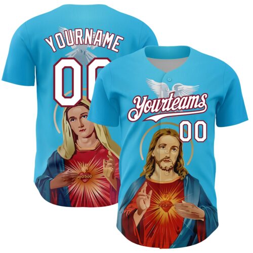 3DPattern3709 Custom Sky Blue White-Maroon 3D Pattern Design Religion Jesus Christ And Virgin Mary Authentic Baseball Jersey