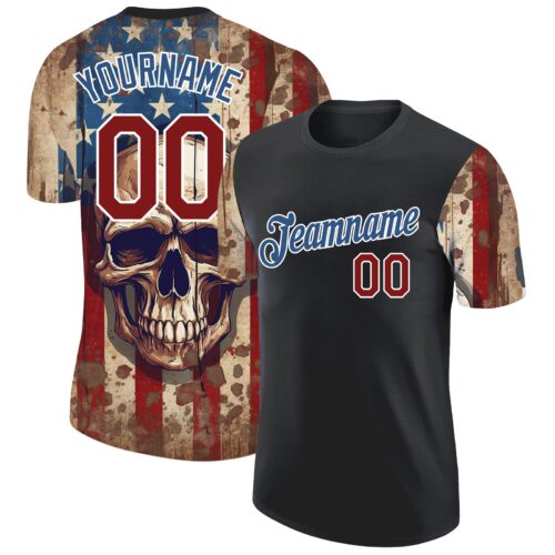 3DPattern3736 Custom Black Crimson-Blue 3D Skull With American Flag Performance T-Shirt
