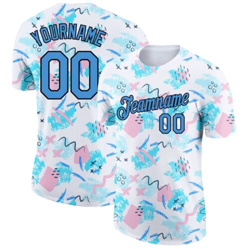 3DPattern3846 Custom White Powder Blue-Black 3D Pattern Design Abstract Doodle Performance T-Shirt