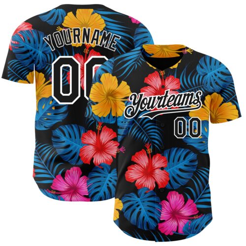 3DPattern3919 Custom Black White 3D Pattern Design Tropical Flower And Hawaii Palm Leaves Authentic Baseball Jersey