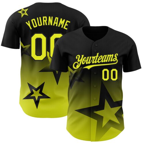 3DPattern4108 Custom Black Neon Yellow 3D Pattern Design Gradient Style Twinkle Star Authentic Baseball Jersey