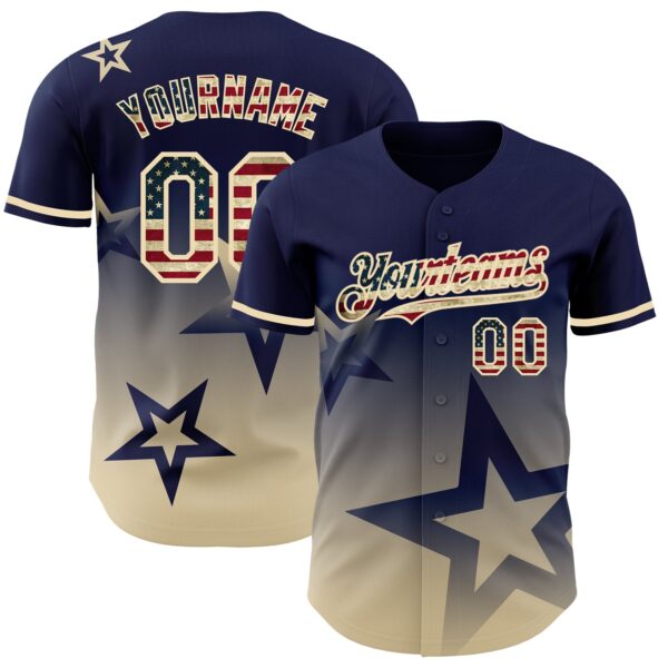 Custom Navy Vintage USA Flag-Cream 3D Pattern Design Gradient Style Twinkle Star Authentic Baseball Jersey