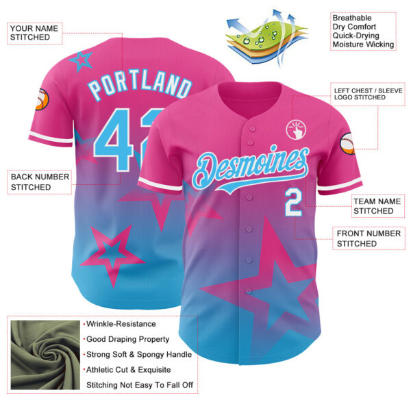 Custom Pink Sky Blue-White 3D Pattern Design Gradient Style Twinkle Star Authentic Baseball Jersey