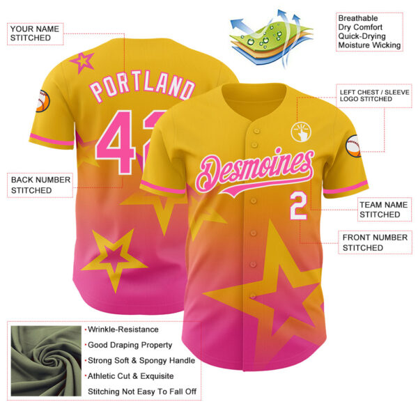 Custom Yellow Pink-White 3D Pattern Design Gradient Style Twinkle Star Authentic Baseball Jersey