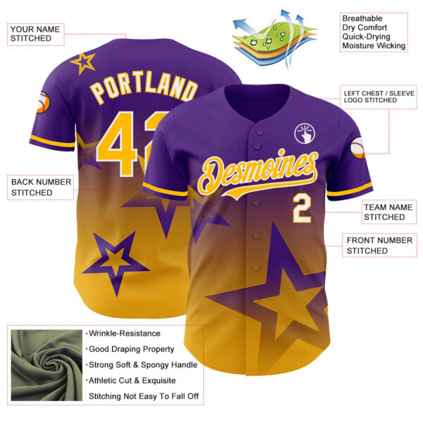 Custom Purple Gold-White 3D Pattern Design Gradient Style Twinkle Star Authentic Baseball Jersey