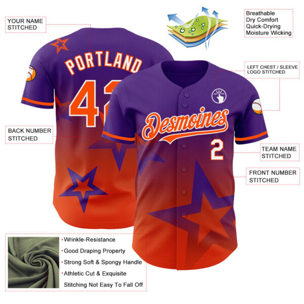 Custom Purple Orange-White 3D Pattern Design Gradient Style Twinkle Star Authentic Baseball Jersey