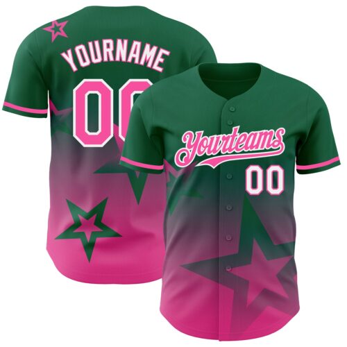 3DPattern4187 Custom Kelly Green Pink-White 3D Pattern Design Gradient Style Twinkle Star Authentic Baseball Jersey