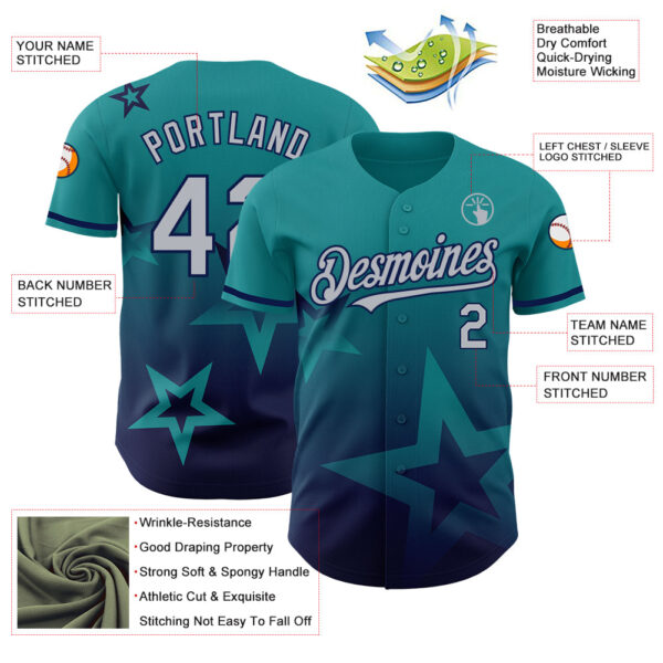 Custom Teal Gray-Navy 3D Pattern Design Gradient Style Twinkle Star Authentic Baseball Jersey