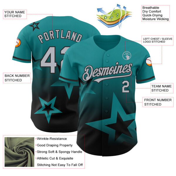 Custom Teal Gray-Black 3D Pattern Design Gradient Style Twinkle Star Authentic Baseball Jersey