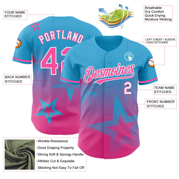 Custom Sky Blue Pink-White 3D Pattern Design Gradient Style Twinkle Star Authentic Baseball Jersey