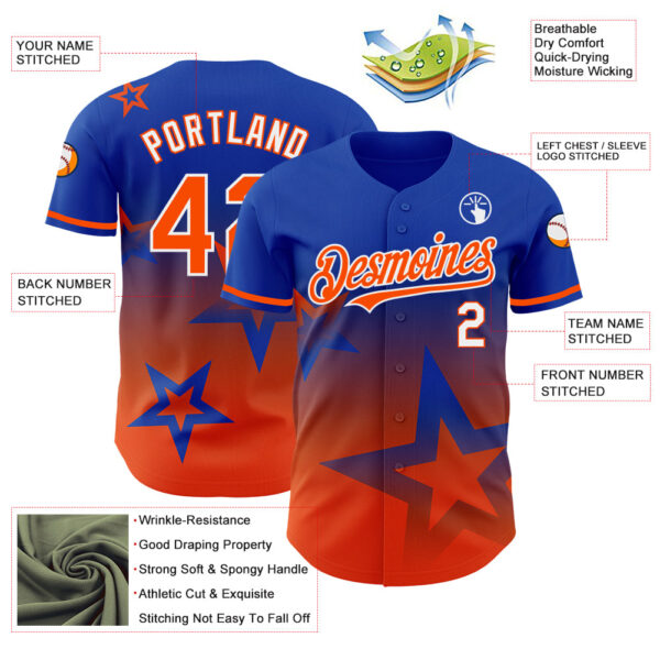 Custom Thunder Blue Orange-White 3D Pattern Design Gradient Style Twinkle Star Authentic Baseball Jersey