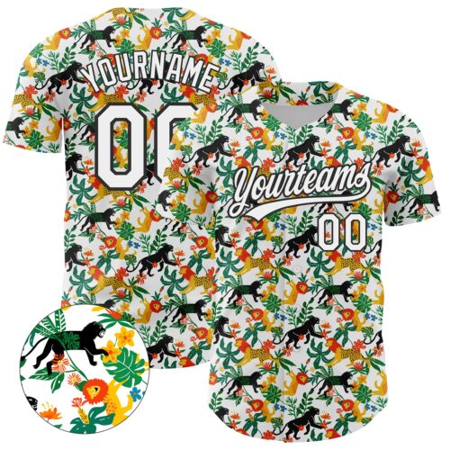 3DPattern4265_4c5a753e-09f3-42ed-a5ba-c4ab55d0694d Custom White Black 3D Pattern Design Animal Lion And Leopard Authentic Baseball Jersey
