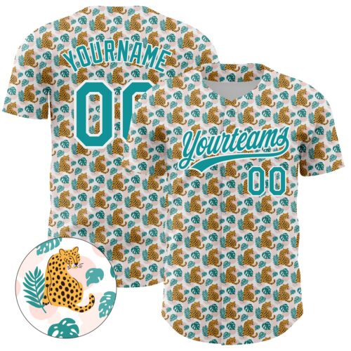 3DPattern4268_3b39e40f-3a2e-4305-8fec-6fa54ed5db17 Custom White Teal 3D Pattern Design Animal Leopard Authentic Baseball Jersey