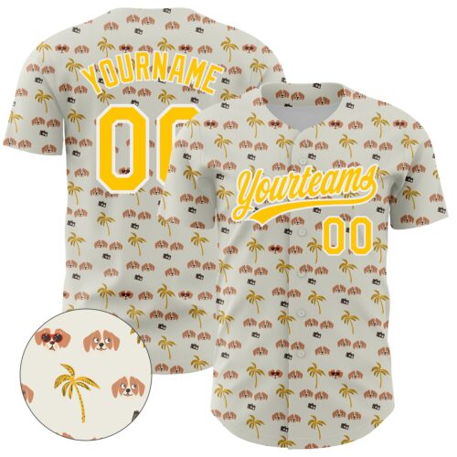 3DPattern4283_4ea624c1-d62f-4f29-aa96-8ccfef20c8c1 Custom White Yellow 3D Pattern Design Animal Dog And Hawaii Palm Trees Authentic Baseball Jersey