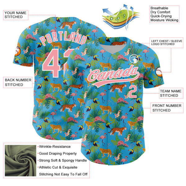 Custom Sky Blue Medium Pink-White 3D Pattern Design Animal Tiger Leopard Flamingo And Hawaii Palm Leaves Authentic Baseball Jersey