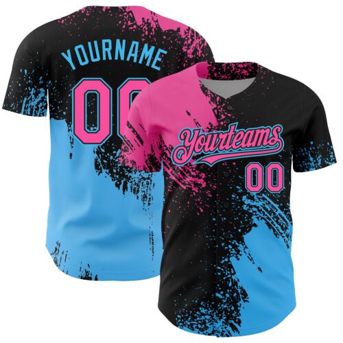 3DPattern4298 Custom Pink Black-Sky Blue 3D Pattern Design Abstract Brush Stroke Authentic Baseball Jersey