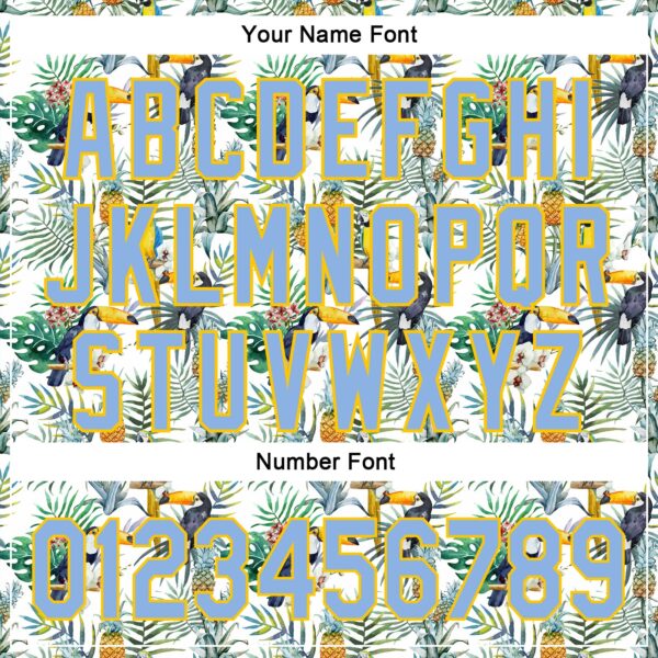 Custom White Light Blue-Yellow 3D Pattern Design Animal Toucan And Tropical Hawaii Palm Leaves Authentic Baseball Jersey