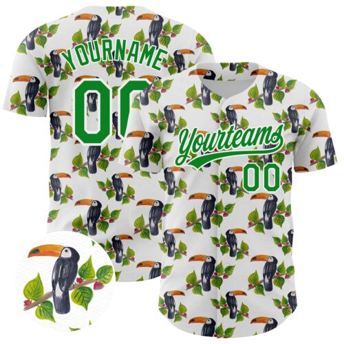 3DPattern4356 Custom White Grass Green 3D Pattern Design Animal Toucan And Tropical Hawaii Palm Leaves Authentic Baseball Jersey