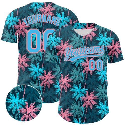3DPattern4361 Custom Black Sky Blue-Medium Pink 3D Pattern Design Tropical Hawaii Palm Trees Authentic Baseball Jersey