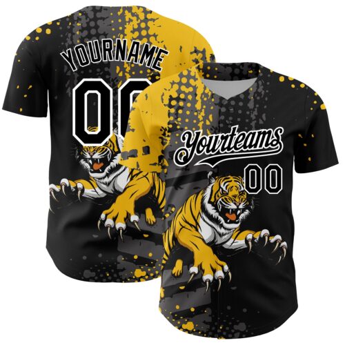 3DPattern4412_91275f7f-40af-4239-ba62-fcf115e4bfe2 Custom Black Yellow-White 3D Pattern Design Animal Tiger Authentic Baseball Jersey