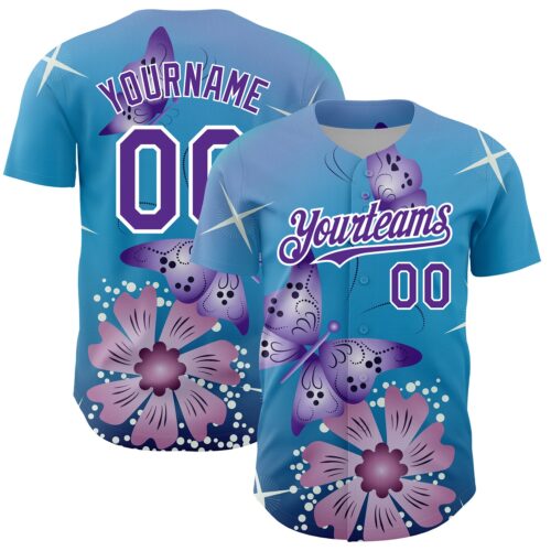 3DPattern4416_58897f6d-5573-496e-abf5-9457622581d0 Custom Light Blue Purple-White 3D Pattern Design Animal Butterfly And Flower Authentic Baseball Jersey