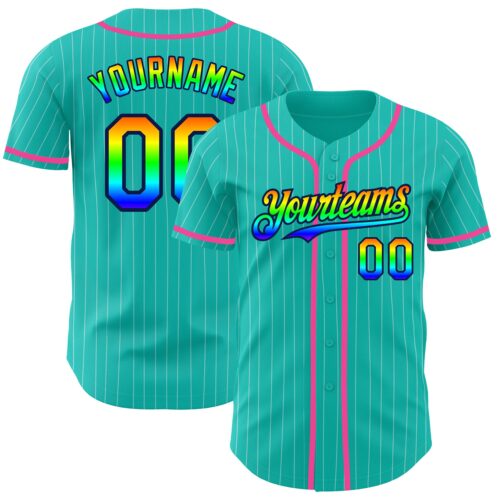 3DPattern4431_c63ad52a-6d6f-4e3f-bff8-14f09afe5e62 Custom Aqua White Pinstripe Rainbow Navy-Pink 3D Authentic Baseball Jersey