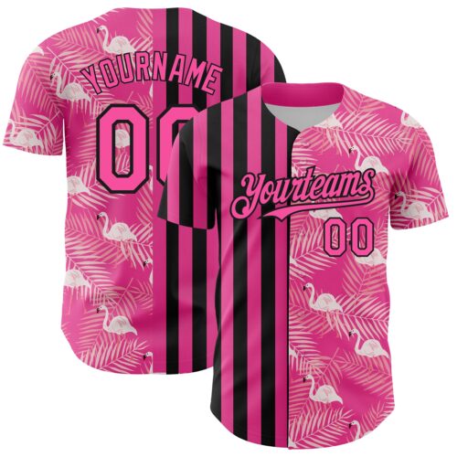 3DPattern4435_63c89a93-1ce5-4191-8307-bb4b98fd2dc6 Custom Pink Black 3D Pattern Design Tropical Palm Leaves And Famingo Authentic Baseball Jersey
