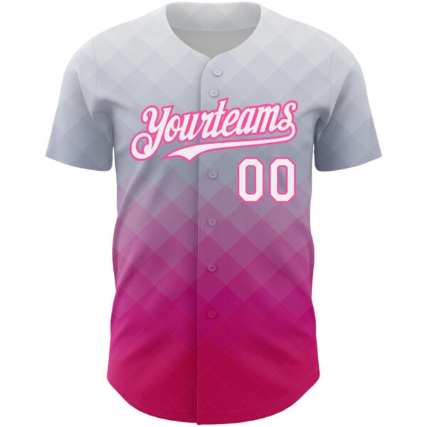 Custom Gray White-Pink 3D Pattern Design Gradient Square Shape Authentic Baseball Jersey