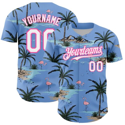 3DPattern4456_efc44ddc-c7c4-443a-b29a-dd4bb22fe894 Custom Light Blue White-Pink 3D Pattern Design Tropical Hawaii Palm Trees Authentic Baseball Jersey