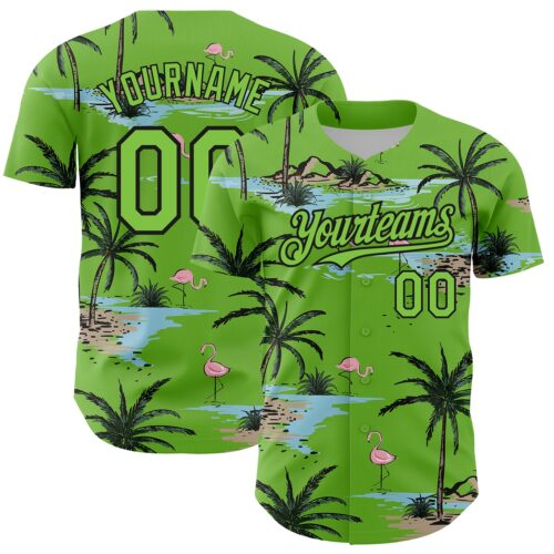 3DPattern4459_e37a5c4b-43e7-4495-b308-19be8a9ec7ae Custom Neon Green Black 3D Pattern Design Tropical Hawaii Palm Trees Authentic Baseball Jersey