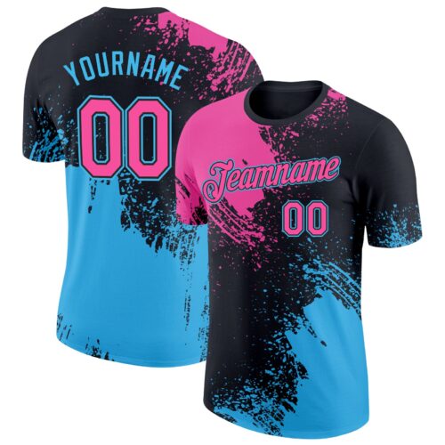 3DPattern4494 Custom Black Pink-Sky Blue 3D Pattern Design Abstract Brush Stroke Performance T-Shirt