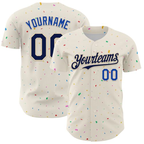 Custom Cream Navy-Thunder Blue 3D Pattern Design Confetti Authentic Baseball Jersey