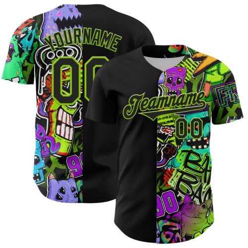 3DPattern4683 Custom Black Neon Green 3D Pattern Design Rave Monster Authentic Baseball Jersey