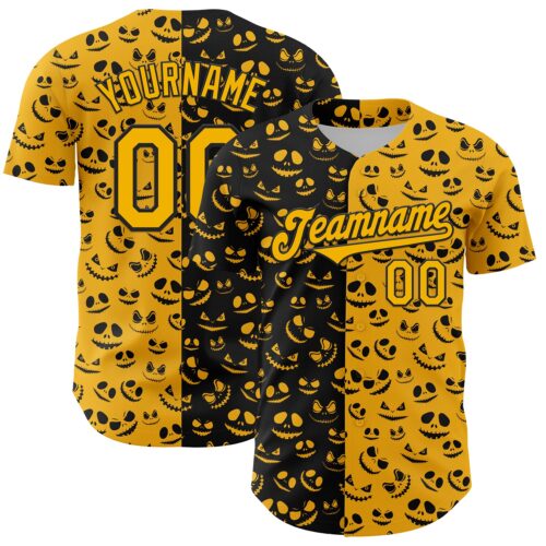 3DPattern4692 Custom Gold Black 3D Pattern Design Rave Halloween Pumpkin Authentic Baseball Jersey