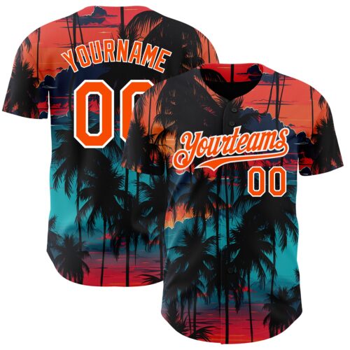3DPattern4750 Custom Black Orange-White 3D Pattern Design Tropical Hawaii Palms Trees Authentic Baseball Jersey
