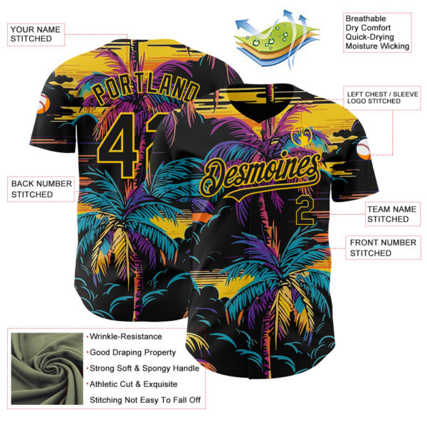 Custom Black Yellow 3D Pattern Design Tropical Hawaii Palms Trees Authentic Baseball Jersey