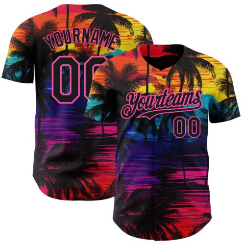 3DPattern4753 Custom Black Pink 3D Pattern Design Tropical Hawaii Palms Trees Authentic Baseball Jersey